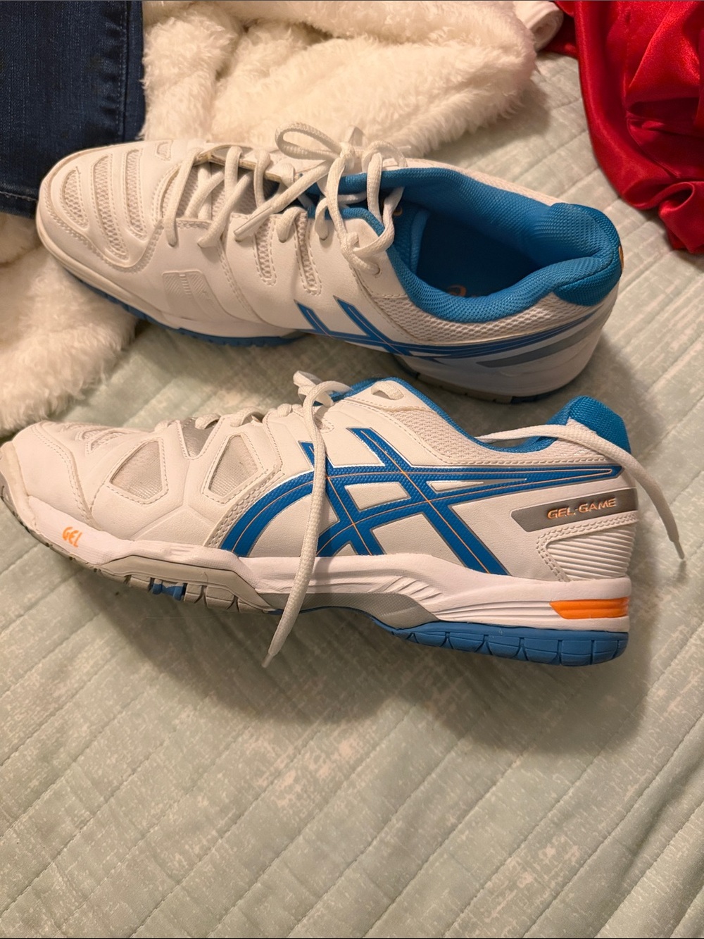 Asics White & Blue GEL-Game Athletic Sneakers with Orange Accent